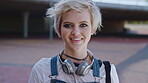 Education, face and smile of woman on campus with headphones for college, school or university study. Future, learning and music with happy student outdoor for knowledge, opportunity or scholarship