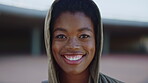 Education, face and smile of black woman on campus for college, school or university study. Development, future and learning with happy student outdoor for knowledge, opportunity or scholarship