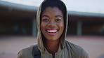 Face, black woman and student with smile outdoor for education, scholarship and study abroad. Portrait, female person and happy at university campus, learning opportunity and confidence for knowledge