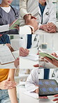 Healthcare, series and hands with people in clinic for scan, support and healing with bandage. Hospital, medical and doctor with nurse, patient or tablet screen for brain MRI, diagnosis or radiology