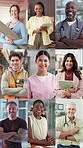 People, diversity and face with profession in collage for global difference or development together. Portrait, community or group with smile or pride for diverse career, occupation or job opportunity