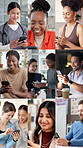 Messaging, montage and happy people with phone, online communication and post reaction on social media app. Digital, laugh and diverse group with tech, message update or chatting on virtual platform.