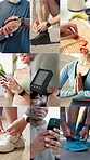 Montage, hands or people with phone for wellness, fitness or healthy habits for workout preparation. Exercise app, meditation or athlete with fruit for detox diet, tie shoelace or monitor heart rate 