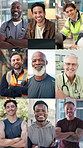 Men, diversity or happy face with profession in collage for global difference or development together. Portrait, male people or community with smile or pride for career, occupation or job opportunity