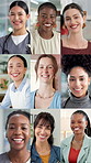 Women, diversity or happy face with profession in collage for global difference or development together. Portrait, female people or community with smile for career, occupation or job opportunity