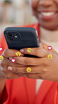 Business, hands and woman with mobile emoji for online dating, like post and overlay in office. Happy person, phone and typing with social media symbol, heart sign and algorithm on notification app