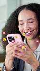Business, social media and woman with phone emoji for online dating, like post and overlay in office. Happy person, mobile or typing with symbol, heart sign and scroll for viral reaction on app