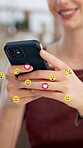 Text, emojis and hands with phone, online communication and post reaction with social media icons. Typing, virtual expression and woman with tech, digital symbols or chatting on messaging platform.