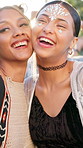 Selfie, smile and friends at music festival, outdoor and laugh at social gathering with peace sign. Picture, funny women and party for photography with gems, happy memory and tongue out at rave