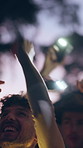 Night, festival or happy people dancing with hands in air for outdoor party or music concert. Excited, group or community with phone lights in late evening for sound, festive celebration or fun event