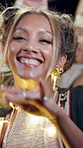 Dancing, night and festival with happy woman with lights for outdoor party or music concert. Excited, female person or people with smile in late evening for sound, festive celebration or fun event