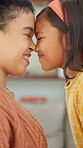 Love, nose and touch with mother and daughter in home for bonding, support and affection. Connection, eskimo kiss and happiness with woman and child in family house for relax, care and trust