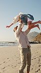 Father, girl and jump with spin at beach with smile, excited and play for bonding on summer vacation. People, children and space with connection, happy or ocean with games for fun on seaside holiday