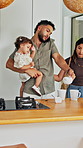 Phone call, love and couple with child in kitchen for morning coffee, getting ready or family. Happy, bonding and girl toddler with mother and father on mobile conversation with cellphone in house.