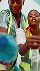 People, volunteer and cleaning with plastic bag for recycling or earth day together in nature. Female people, team or cleaners with rubbish or garbage in POV for waste management or community service