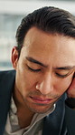 Stress, sleeping and business man in office with burnout for deadline, overworked and finance career. Corporate, exhausted and person with fatigue, sleepy and tired for proposal at financial agency