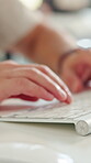 Typing, research and keyboard with hands of business person in office for planning, editing and report. Manuscript review, publishing draft and computer with employee in agency for copywriter project