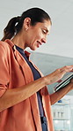 Tablet, happy and businessman in office with texting, networking or social media on break. Laugh, digital technology and male employee with chatting on app with online funny meme in workplace.