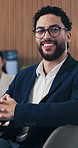 Smile, face and man in office with glasses, pride or ambition as investment advisor. Business person, portrait or financial consultant with about us, accounting or confidence in risk management