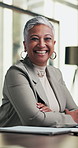 Confidence, face and woman in office with happiness, pride or ambition as investment partners. Mature person, portrait or financial consultant with about us, career or experience in risk management