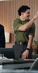 Business, laptop and people with high five for office success, deal or good news. Celebration, group and marketing agency or team with hands together for collaboration, happiness or project milestone
