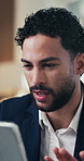 Confused, tablet and businessman in office with research for finance report with mistake. Digital technology, stress and male financial manager with error for investment proposal in workplace. 