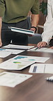 Hands, tablet and people with documents for analysis, statistics or performance review. Business, marketing and team in meeting with graph, chart and strategy for growth, progress or metrics