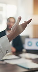 Hand, business and people with presentation for analytics, proposal or investment pitch. Meeting, speaking and analyst with stakeholders or investor for data review, benefits or company growth
