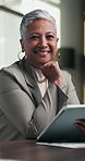 Confidence, face and woman in office with tablet, pride or ambition as investment advisor. Mature person, portrait or financial consultant with about us, digital tech or experience in risk management