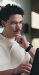Thinking, typing and man on laptop in home with remote work, editing or research for article. Idea, vision and copywriter or creative freelancer with computer for inspiration, planning or solution