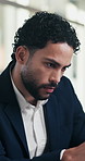 Thinking, business and man reading in office with vision, problem solving and finance report. Male person, accountant or reflection with financial email, audit information and solution for investment