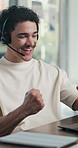 Call center, laptop and man with success, yes and celebration for feedback in online sales. Headset, tech and happy telemarketing agent with fist pump and excited for good news for goals or target