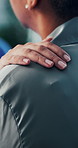 Nurse, hands and shoulder with patient for empathy, breaking news or understanding in hospital. People, healthcare worker or comfort with client for cancer diagnosis, feeling or sympathy in clinic