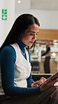 Hotel, lobby and businesswoman with tablet for project, wealth manager or risk assessment on website. Motel, business travel and mature person with tech for research, info and investment opportunity