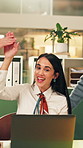 Meeting, laptop and business people in office with high five, achievement and contract deal at night. Late, happy team and celebration in workplace with computer, success or collaboration for company