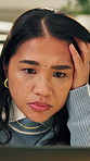 Stress, business and woman with laptop in office for bad news, online criticism and article mistake. Worry, female person or pc for negative feedback, plagiarism accusation and misinformation concern