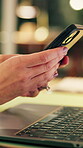 Phone, night or hands in workplace with texting, agenda change or online communication for project. Bokeh, woman or employee with technology, schedule typing or report update in evening shift.