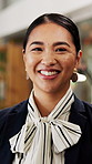 Face, concierge or Asian woman with smile in hotel, operations management or pride for guest services. Portrait, hospitality or manager with reservation assistance for resort, confidence or about us