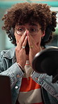 Tired, man and stress with mic for podcast inaccuracy, broadcast error and wrong script. Exhausted, male person and anxiety for on air mistake, audio malfunction and breaking news pressure in studio