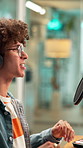 Man, microphone and excited for podcast with discussion, on air recording and audio conversation. Radio presenter, live stream and person with interview in studio for content creation and talk show