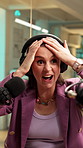 Interview, surprise and woman with mic for podcast, live stream and discussion with guest in studio. Shocked, presenter and person with headphones for talk show, communication and creative broadcast