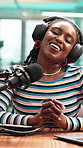 Face, woman and podcast in recording studio with mic, pop culture news or headphones for broadcast. Happy, black person or gen z presenter speaking in talk show POV with audio tech, media or opinion.
