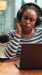 Confused, woman and podcast in recording studio with laptop, reading feedback and idea for broadcast. Black person, presenter and headphones with computer, doubt talk show comment or problem solving.
