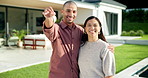 Face, keys and real estate with happy couple for new home, property ownership or investment. Portrait, man and woman with smile or access to building or house for fresh start, security or safety