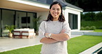 Happy, realtor or asian woman with arms crossed for property ownership, new home or security. Portrait, female person or real estate with smile or confidence for mortgage loan or house investment