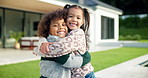 Outdoor, face and children hug at house, family together or affection for girl with smile on weekend. Kids, home and laughing with sibling in backyard, happy boy and embrace with sister and love