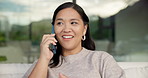 Happy, conversation or asian woman with phone call for friendly discussion or communication in home. Female person, user or talking with mobile smartphone for gossip, outdoor chat or banter in house