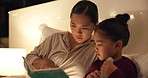 Night, mom and reading book with child in bedroom for story time, fantasy or imagination in home. Mother, daughter or lying with novel in late evening for literature, education or learning in house