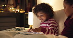 Siblings, night and children in bed on tablet for streaming, watching cartoons and online games. Family, happy and kids on digital tech for connection, internet and story app for bonding at bedtime