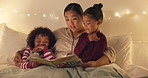 Night, mom and reading book with children in bedroom for story time, fantasy or imagination in home. Mother, lying or bonding with kids or novel in late evening for literature, education or learning